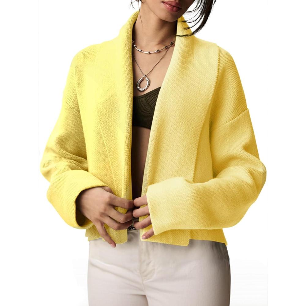 image:imageSaodimallsu Womens Cropped Cardigan Open Front Shawl 2026 Fall Trendy Long Sleeve Sweater JacketYellow