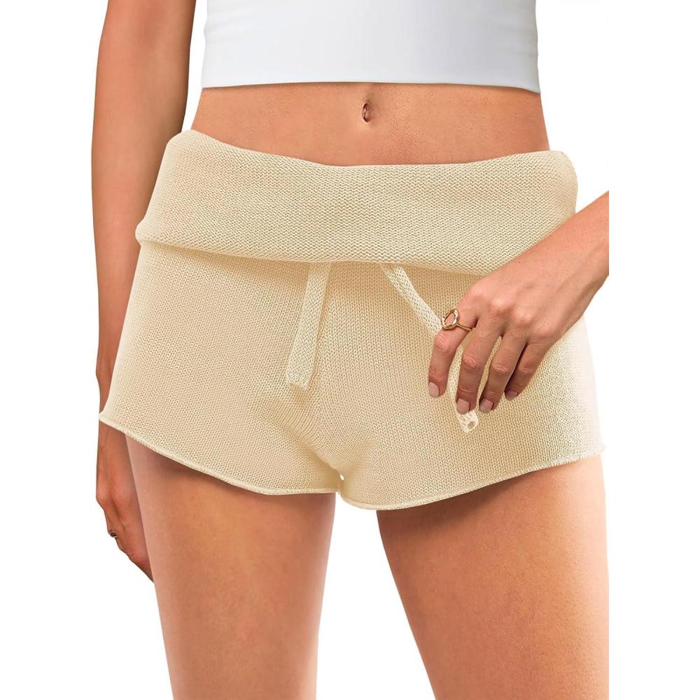 image:imageSaodimallsu Womens Foldover Lounge Shorts High Waisted Drawstring Casual Summer Knit Beach Cover Up ShortsBeige