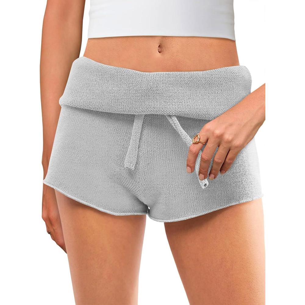 image:imageSaodimallsu Womens Foldover Lounge Shorts High Waisted Drawstring Casual Summer Knit Beach Cover Up ShortsGrey
