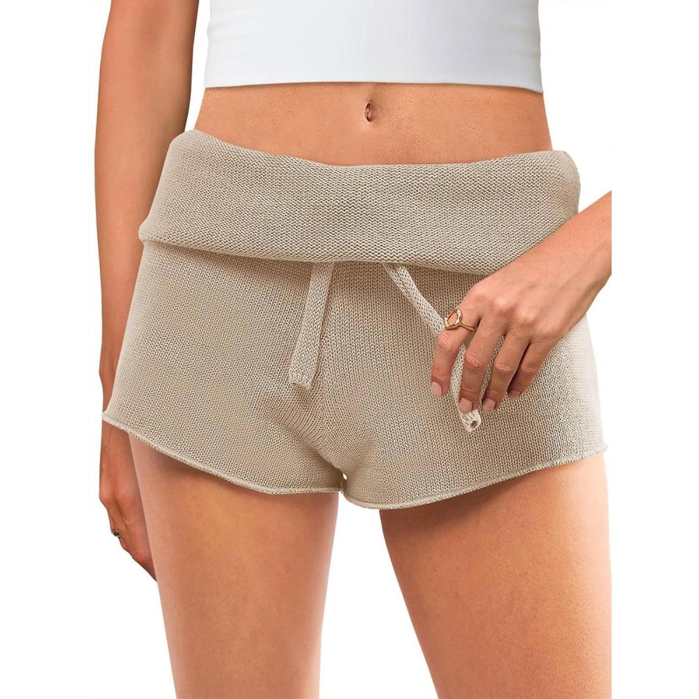 image:imageSaodimallsu Womens Foldover Lounge Shorts High Waisted Drawstring Casual Summer Knit Beach Cover Up ShortsKhaki