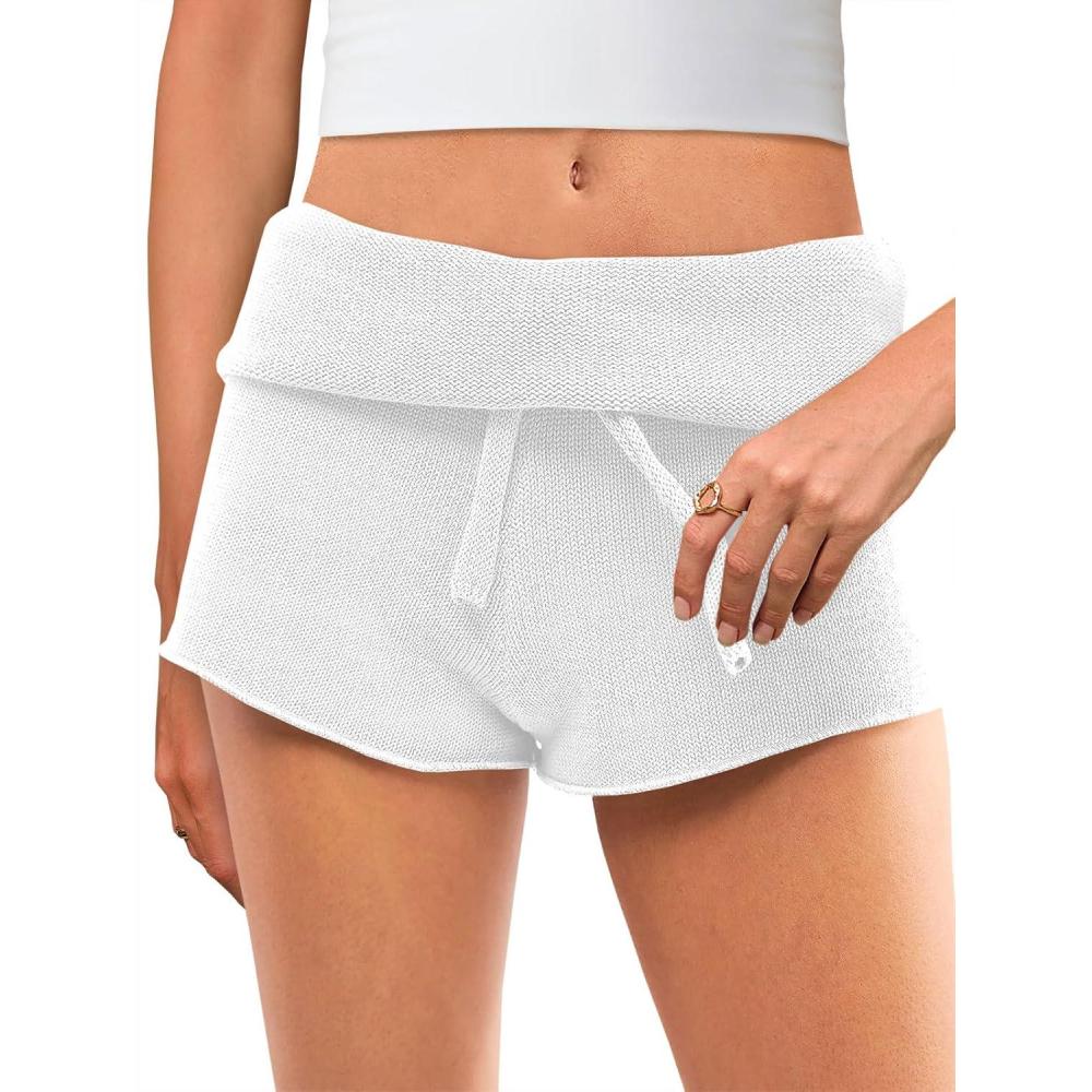 image:imageSaodimallsu Womens Foldover Lounge Shorts High Waisted Drawstring Casual Summer Knit Beach Cover Up ShortsWhite