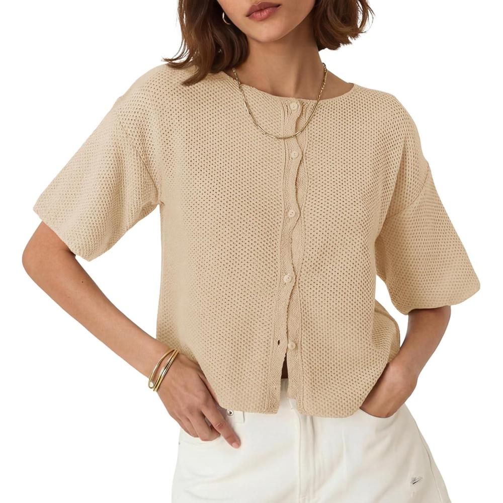 image:imageSaodimallsu Womens Short Sleeve Cardigan Summer Lightweight Button Down Waffle Knit Loose Crew Neck Sweater TopsApricot