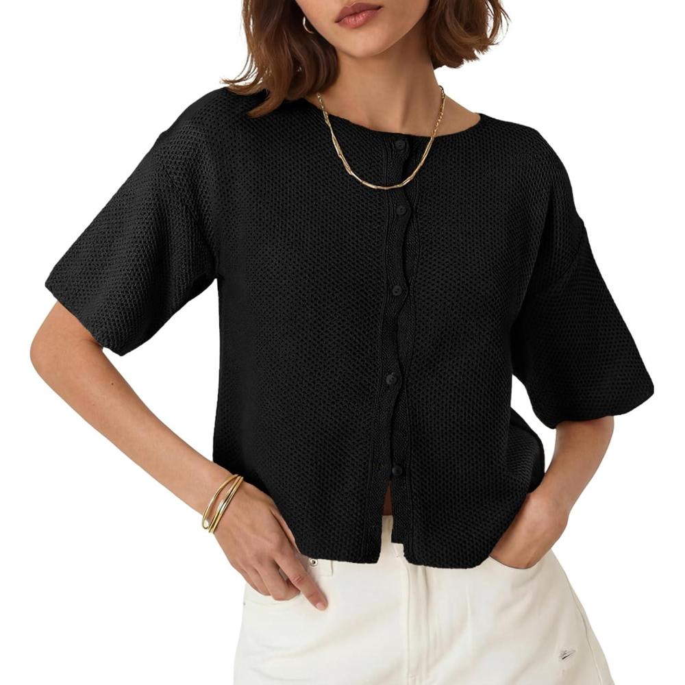 image:imageSaodimallsu Womens Short Sleeve Cardigan Summer Lightweight Button Down Waffle Knit Loose Crew Neck Sweater TopsBlack