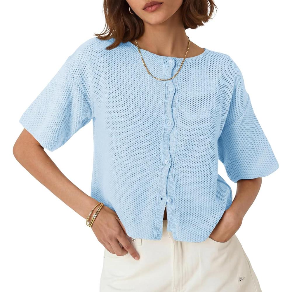 image:imageSaodimallsu Womens Short Sleeve Cardigan Summer Lightweight Button Down Waffle Knit Loose Crew Neck Sweater TopsBlue
