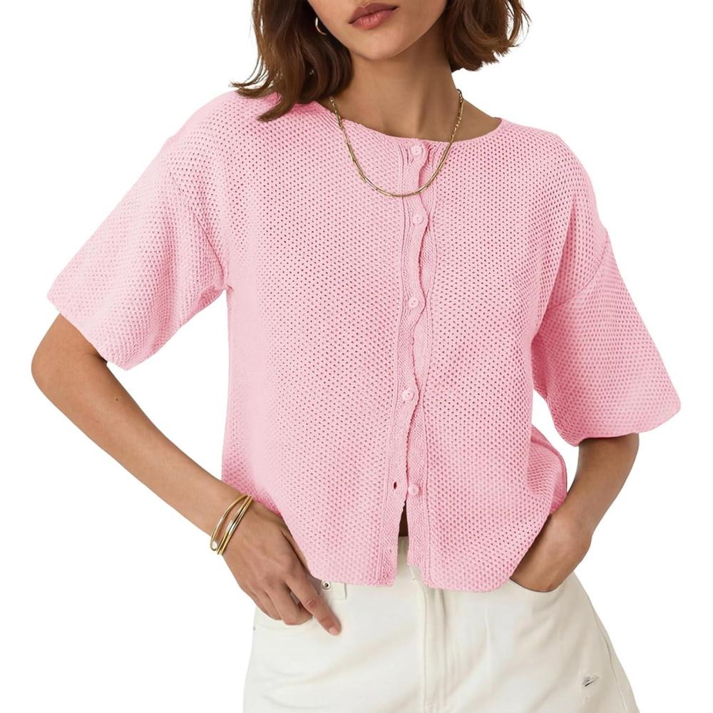 image:imageSaodimallsu Womens Short Sleeve Cardigan Summer Lightweight Button Down Waffle Knit Loose Crew Neck Sweater TopsPink