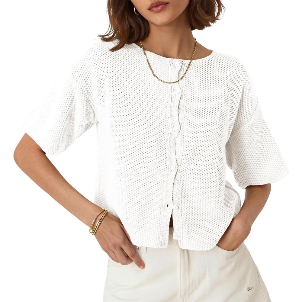 image:imageSaodimallsu Womens Short Sleeve Cardigan Summer Lightweight Button Down Waffle Knit Loose Crew Neck Sweater TopsWhite