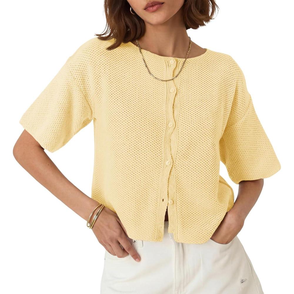 image:imageSaodimallsu Womens Short Sleeve Cardigan Summer Lightweight Button Down Waffle Knit Loose Crew Neck Sweater TopsYellow