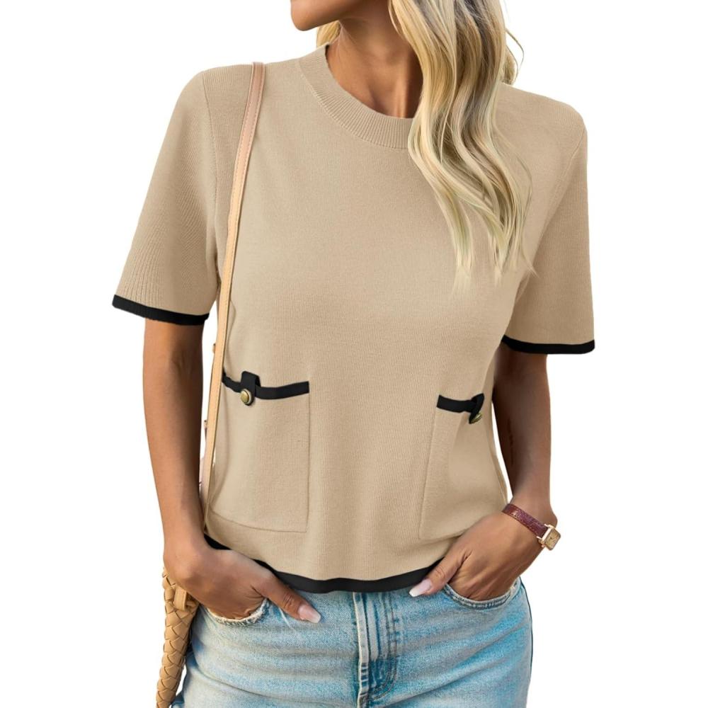 image:imageSaodimallsu Womens Short Sleeve Color Block Crew Neck SweaterKhaki