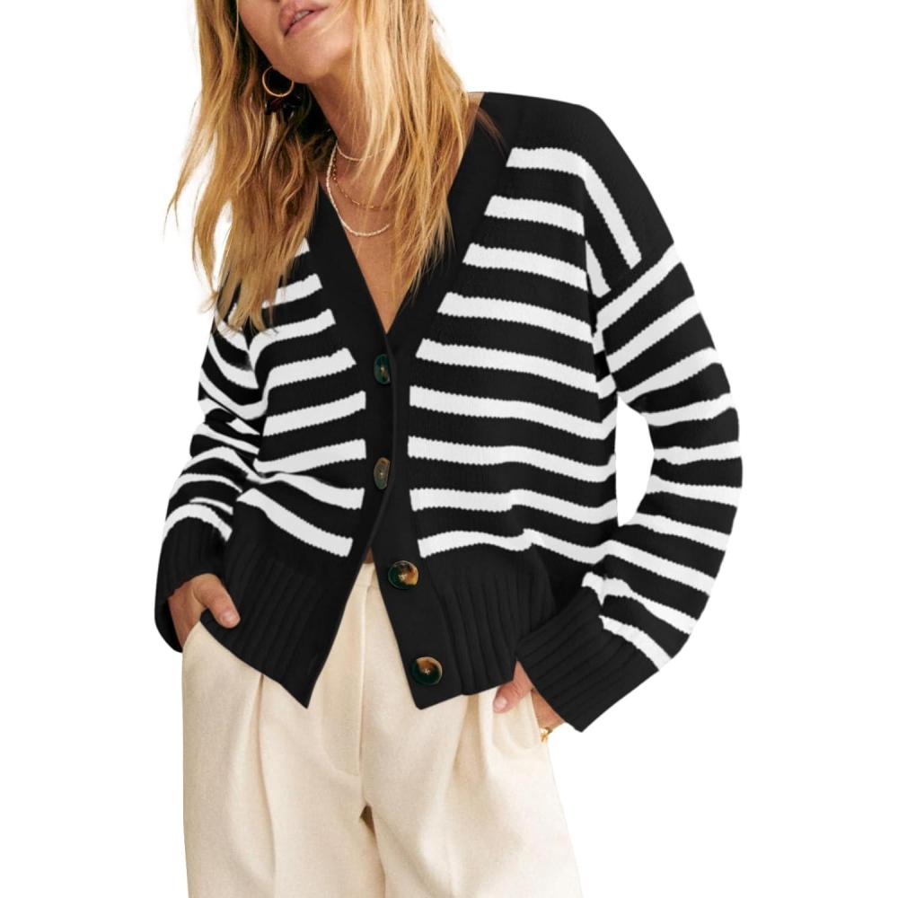 image:imageSaodimallsu Womens Striped Cardigan Sweaters V Neck Button Down Long Sleeve Open Front Ribbed Knit OuterwearBlack