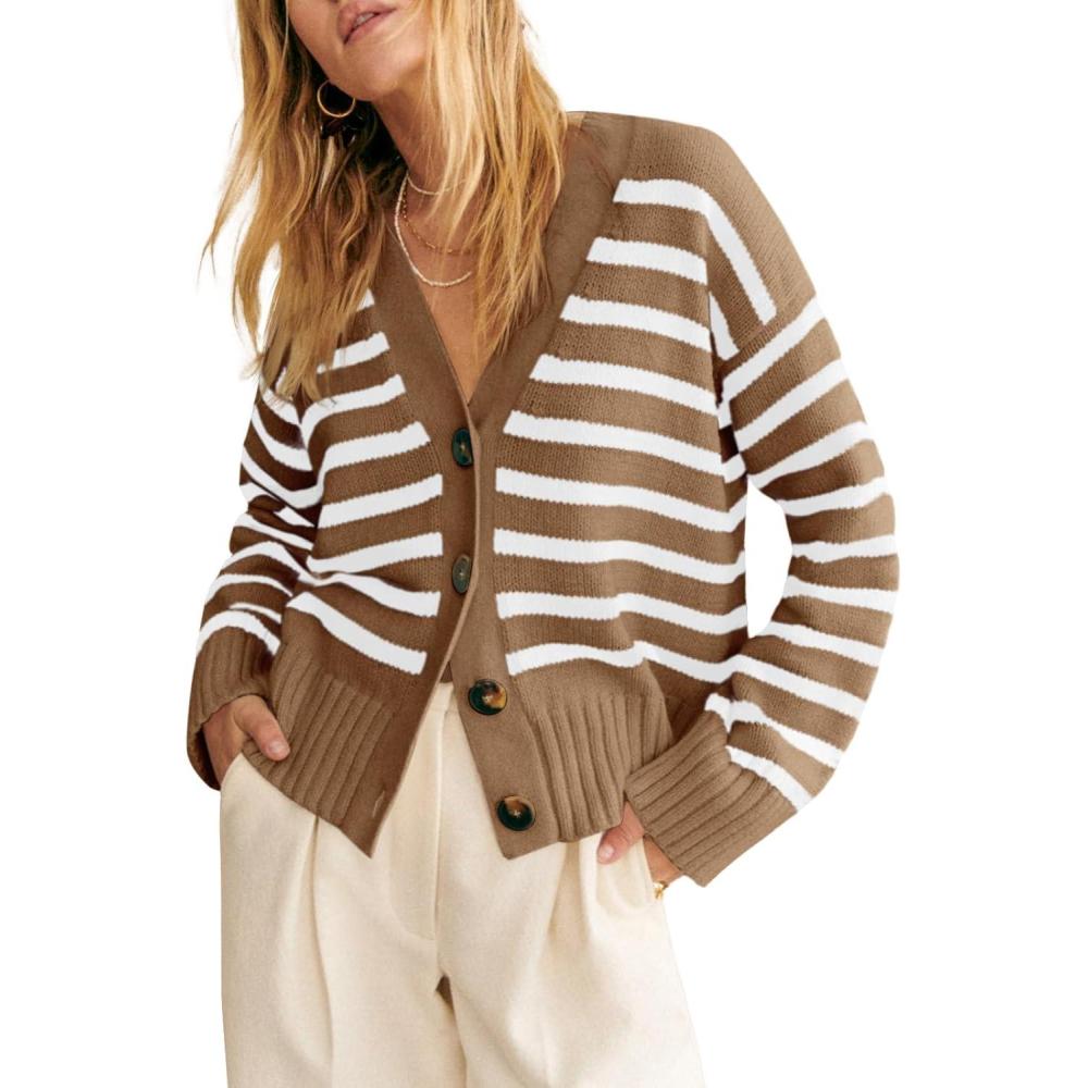 image:imageSaodimallsu Womens Striped Cardigan Sweaters V Neck Button Down Long Sleeve Open Front Ribbed Knit OuterwearCoffee