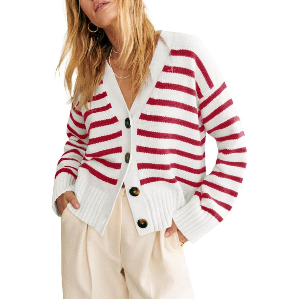 image:imageSaodimallsu Womens Striped Cardigan Sweaters V Neck Button Down Long Sleeve Open Front Ribbed Knit OuterwearRed