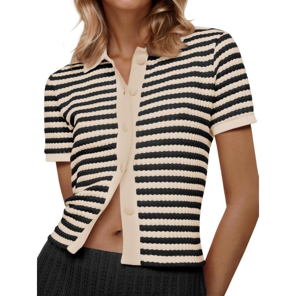 image:imageSaodimallsu Womens Striped Short Sleeve Sweater Tops Polo Collared Button Crochet Summer Cropped CardiganApricot
