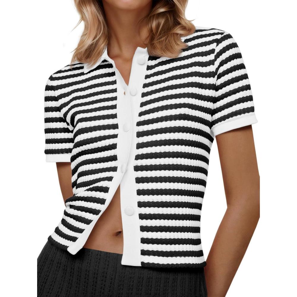 image:imageSaodimallsu Womens Striped Short Sleeve Sweater Tops Polo Collared Button Crochet Summer Cropped CardiganBlack