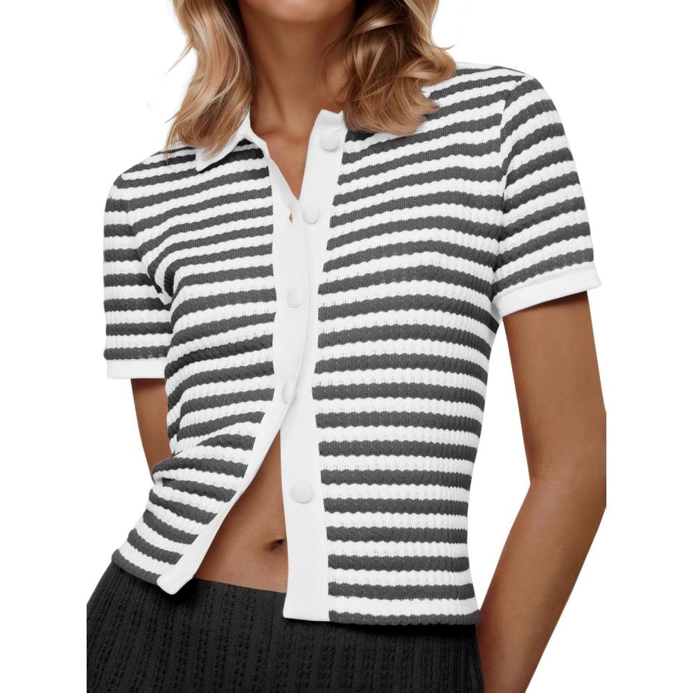 image:imageSaodimallsu Womens Striped Short Sleeve Sweater Tops Polo Collared Button Crochet Summer Cropped CardiganGrey