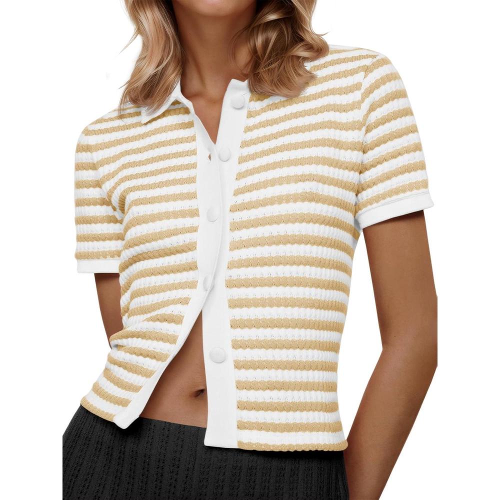 image:imageSaodimallsu Womens Striped Short Sleeve Sweater Tops Polo Collared Button Crochet Summer Cropped CardiganKhaki