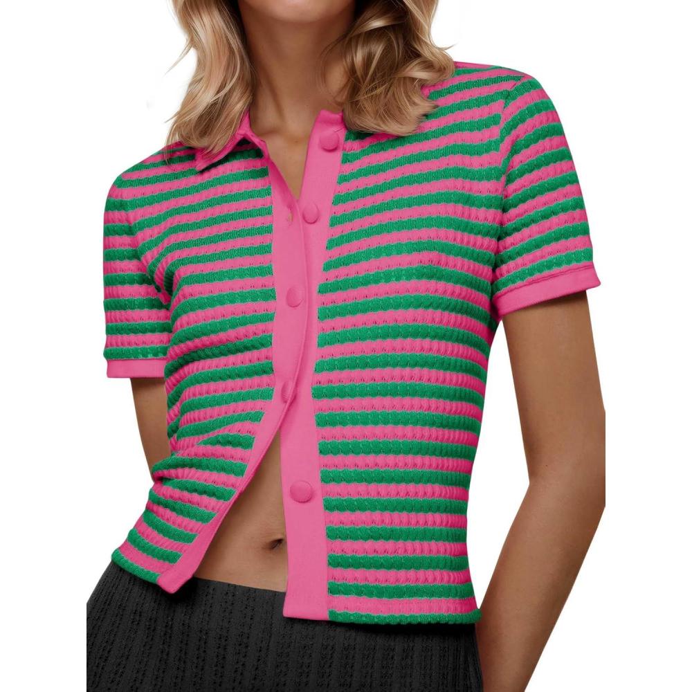 image:imageSaodimallsu Womens Striped Short Sleeve Sweater Tops Polo Collared Button Crochet Summer Cropped CardiganRose Red
