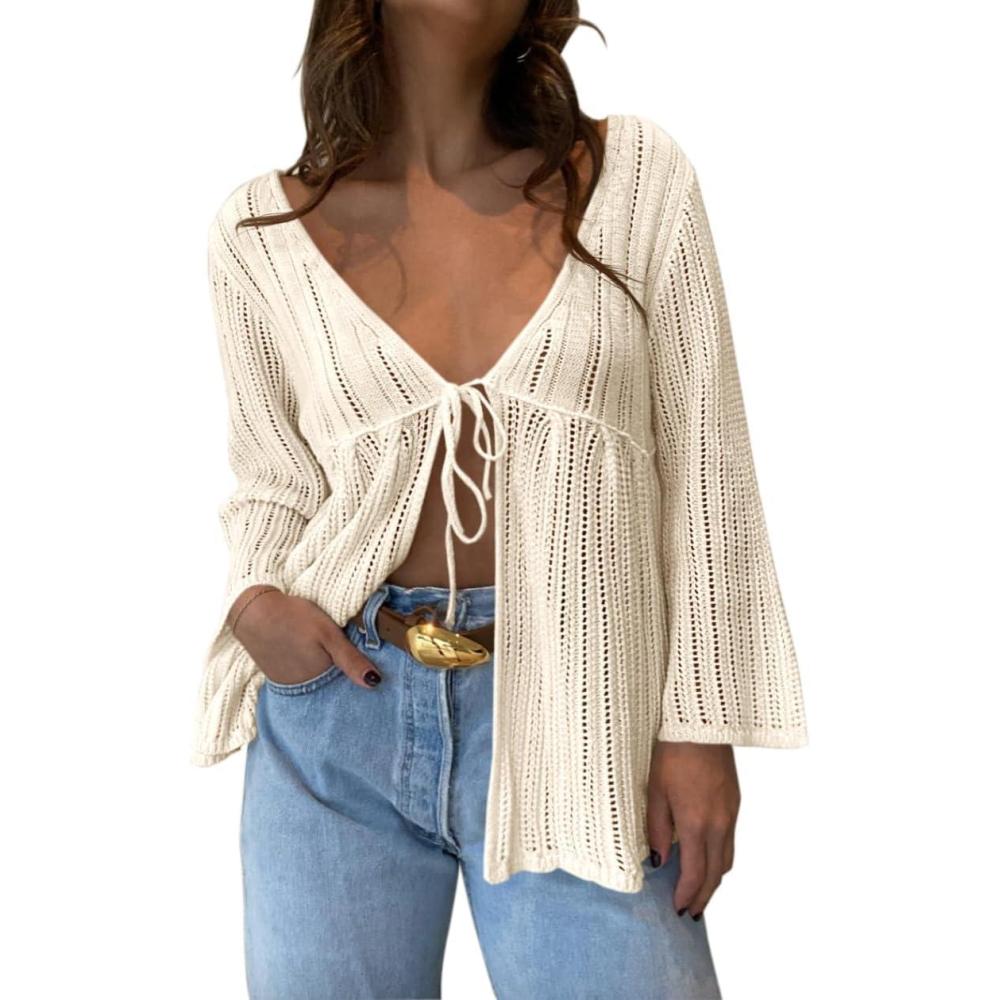 image:imageSaodimallsu Womens Summer Lightweight Tie Front Cardigans Crochet Knit Long Bell Sleeve Casual V Neck Beach Cover UpsApricot