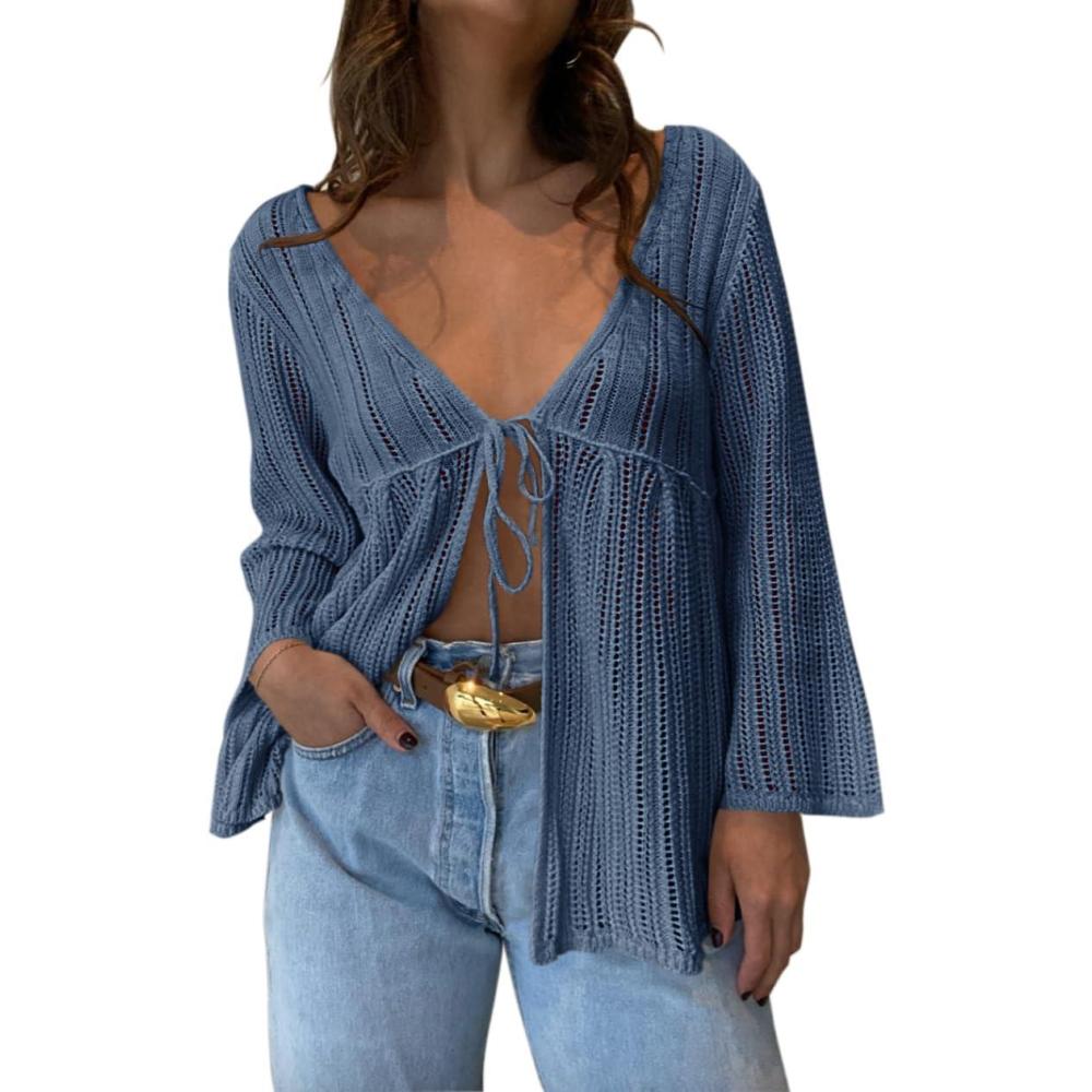 image:imageSaodimallsu Womens Summer Lightweight Tie Front Cardigans Crochet Knit Long Bell Sleeve Casual V Neck Beach Cover UpsBluish Gray