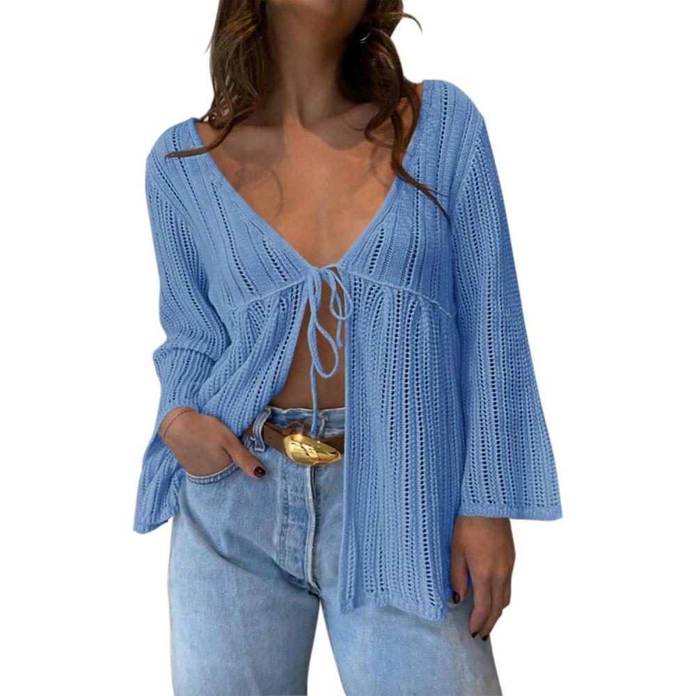 image:imageSaodimallsu Womens Summer Lightweight Tie Front Cardigans Crochet Knit Long Bell Sleeve Casual V Neck Beach Cover UpsLight Blue