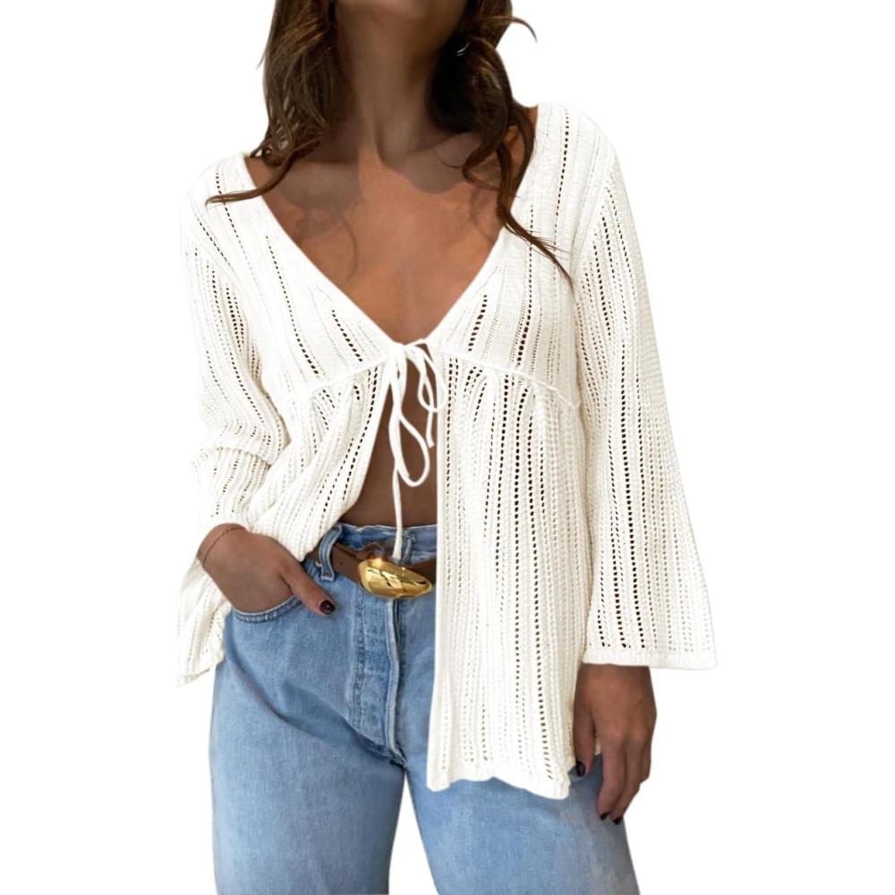 image:imageSaodimallsu Womens Summer Lightweight Tie Front Cardigans Crochet Knit Long Bell Sleeve Casual V Neck Beach Cover UpsWhite