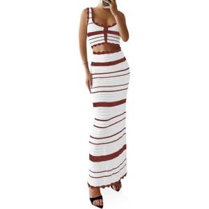 Saodimallsu Womens 2 Piece Sets Summer Striped Crochet Knit Coverup Sleeveless Button Crop Tank Top Bodycon Maxi Skirt(Caramel)