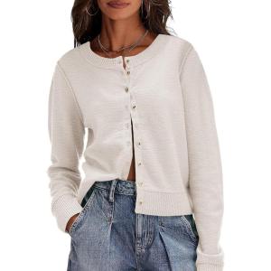 Saodimallsu Womens Button Down Cardigan Sweaters Lightweight Long Sleeve Crew Neck Summer Knit Open Front Tops(Beige)