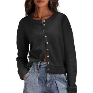 Saodimallsu Womens Button Down Cardigan Sweaters Lightweight Long Sleeve Crew Neck Summer Knit Open Front Tops(Black)