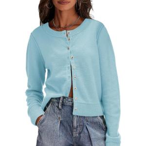 Saodimallsu Womens Button Down Cardigan Sweaters Lightweight Long Sleeve Crew Neck Summer Knit Open Front Tops(Blue Green)