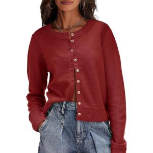 Saodimallsu Womens Button Down Cardigan Sweaters Lightweight Long Sleeve Crew Neck Summer Knit Open Front Tops(Burgundy)