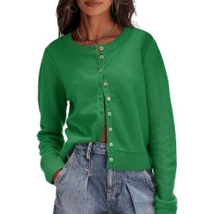 Saodimallsu Womens Button Down Cardigan Sweaters Lightweight Long Sleeve Crew Neck Summer Knit Open Front Tops(Green)