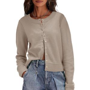 Saodimallsu Womens Button Down Cardigan Sweaters Lightweight Long Sleeve Crew Neck Summer Knit Open Front Tops(Khaki)