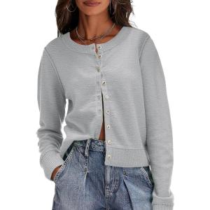 Saodimallsu Womens Button Down Cardigan Sweaters Lightweight Long Sleeve Crew Neck Summer Knit Open Front Tops(Light Grey)