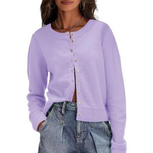 Saodimallsu Womens Button Down Cardigan Sweaters Lightweight Long Sleeve Crew Neck Summer Knit Open Front Tops(Purple)