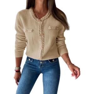 Saodimallsu Womens Button Up Cardigan Long Sleeve Open Front Cable Knit Fall Trendy Sweater Jacket with Pockets(Beige)