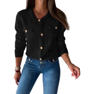 Saodimallsu Womens Button Up Cardigan Long Sleeve Open Front Cable Knit Fall Trendy Sweater Jacket with Pockets(Black)