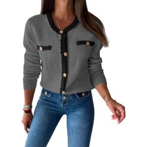 Saodimallsu Womens Button Up Cardigan Long Sleeve Open Front Cable Knit Fall Trendy Sweater Jacket with Pockets(Grey)