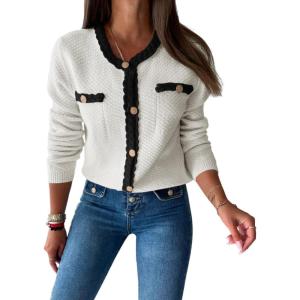 Saodimallsu Womens Button Up Cardigan Long Sleeve Open Front Cable Knit Fall Trendy Sweater Jacket with Pockets(White)