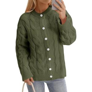 Saodimallsu Womens Cable Knit Cardigan Sweaters Long Sleeve Button Down Crewneck Casual Loose Fall Sweater Coats(Army Green)