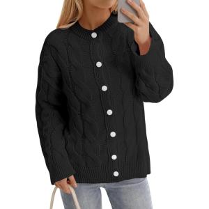 Saodimallsu Womens Cable Knit Cardigan Sweaters Long Sleeve Button Down Crewneck Casual Loose Fall Sweater Coats(Black)
