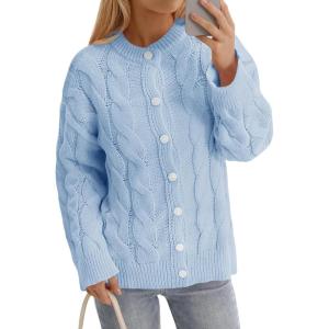 Saodimallsu Womens Cable Knit Cardigan Sweaters Long Sleeve Button Down Crewneck Casual Loose Fall Sweater Coats(Blue)