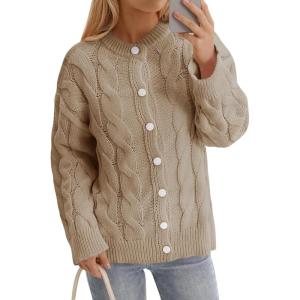 Saodimallsu Womens Cable Knit Cardigan Sweaters Long Sleeve Button Down Crewneck Casual Loose Fall Sweater Coats(Khaki)