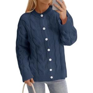 Saodimallsu Womens Cable Knit Cardigan Sweaters Long Sleeve Button Down Crewneck Casual Loose Fall Sweater Coats(Navy)