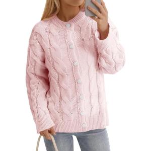 Saodimallsu Womens Cable Knit Cardigan Sweaters Long Sleeve Button Down Crewneck Casual Loose Fall Sweater Coats(Pink)