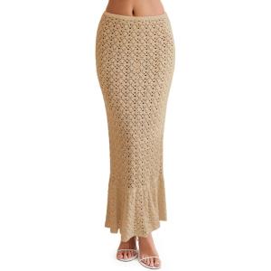 Saodimallsu Womens Crochet Cover Up Skirt High Waisted Sheer Knit Summer Swimsuit Coverup Beach Fishtail Maxi Skirts(Khaki)
