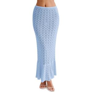 Saodimallsu Womens Crochet Cover Up Skirt High Waisted Sheer Knit Summer Swimsuit Coverup Beach Fishtail Maxi Skirts(Light Blue)