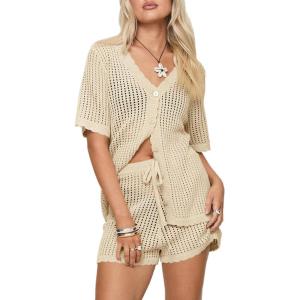 Saodimallsu Womens Crochet Swimsuit Coverup Sets Short Sleeve V Neck Button Tops Drawstring Shorts 2 Piece Beach Outfits(Beige)