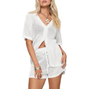 Saodimallsu Womens Crochet Swimsuit Coverup Sets Short Sleeve V Neck Button Tops Drawstring Shorts 2 Piece Beach Outfits(White)