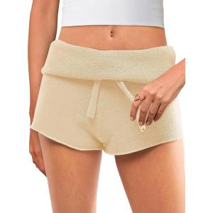 Saodimallsu Womens Foldover Lounge Shorts High Waisted Drawstring Casual Summer Knit Beach Cover Up Shorts(Beige)