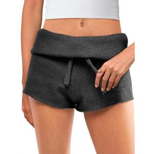 Saodimallsu Womens Foldover Lounge Shorts High Waisted Drawstring Casual Summer Knit Beach Cover Up Shorts(Black)