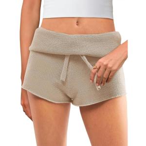 Saodimallsu Womens Foldover Lounge Shorts High Waisted Drawstring Casual Summer Knit Beach Cover Up Shorts(Khaki)